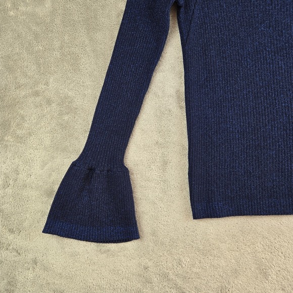 Loft Sweater Womens Small Blue Metallic Shimmer Ribbed Knit Bell Sleeve Feminine - Picture 6 of 10